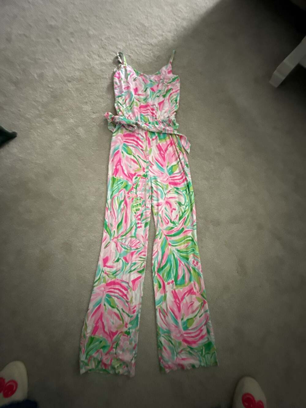 Lilly Pulitzer Pink and Green Tropical Leaf Print Jumpsuit Size XS